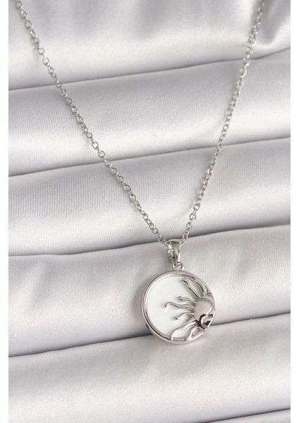 Bfs 316L Çelik Gümüş Renk Zincir Beyaz Mineli Gün Batımı Model Kadın Kolye