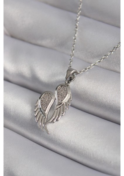 Bfs 316L Çelik Gümüş Renk Zirkon Taşlı Kanat Model Kadın Kolye