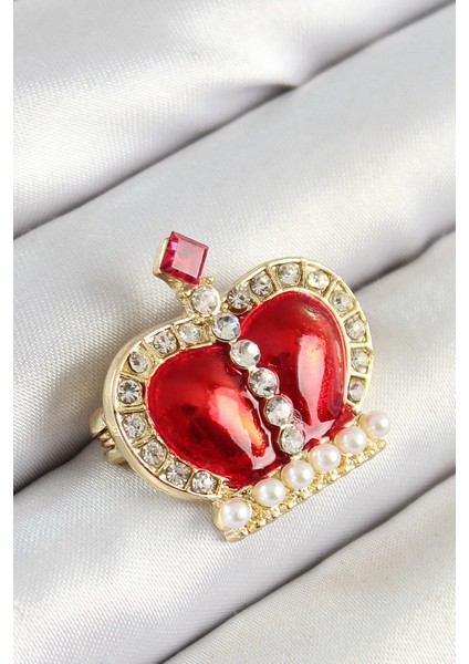 Bfs Zirkon Taşlı Inci Detaylı Kırmızı 3D Kraliçe Taç Figürlü Gold Renk Kadın Broş