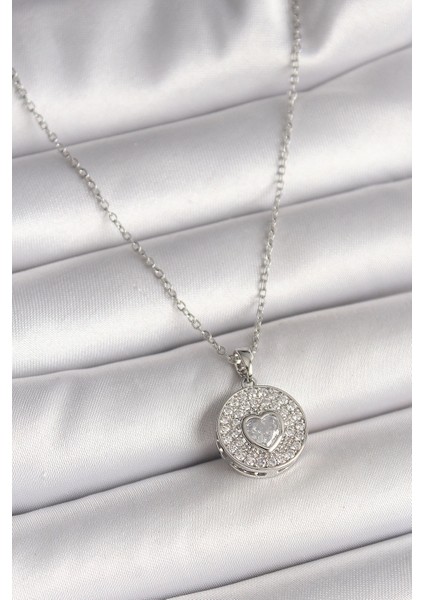 Bfs 316L Çelik Gümüş Renk Zincir Zirkon Taşlı Kalp Işlemeli Madalyon Model Kadın Kolye