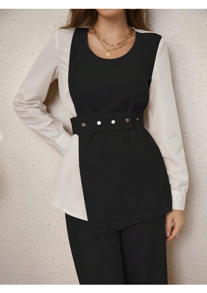 Kadın Uzun Kollu Açık Yakalı Çift Renkli Kemerli Ithal Krep Ikili Takım