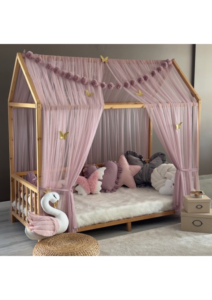 Pastel Pembe Çift Perdeli Montessori Yatak Cibinliği