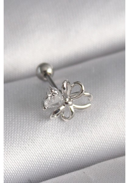 Bfs 316L Çelik Gümüş Renk Zirkon Taş Detay Kurdele Model Tragus Piercing