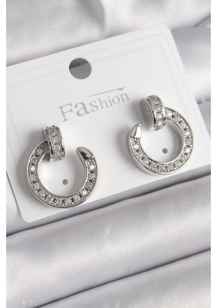 Bfs Pirinç Gümüş Renk Zirkon Taşlı Çivi Halka Model Kadın Küpe