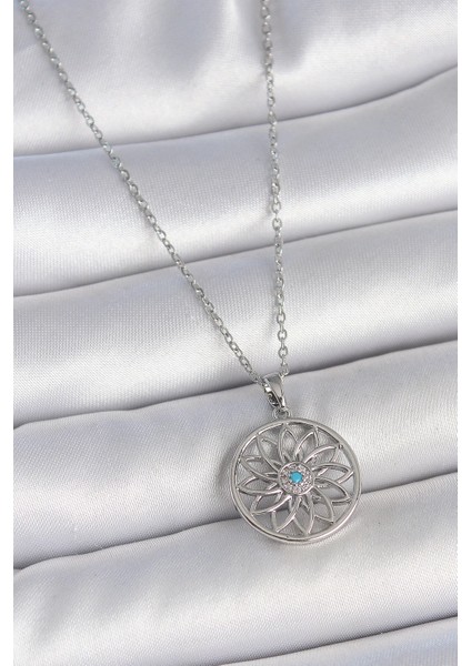 Bfs 316L Çelik Gümüş Renk Zincir Mavi Taşlı Lotus Model Kadın Kolye