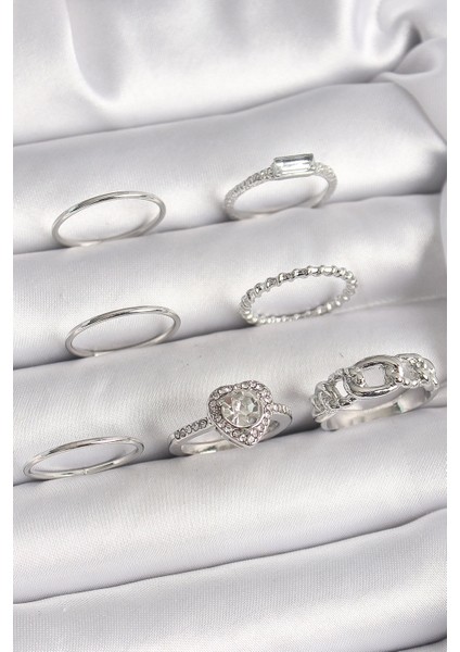 Bfs Pirinç Gümüş Renk Zirkon Taşlı Kalp Model Kadın Yüzük Kombini