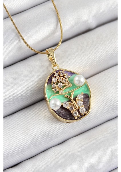 Bfs 316L Çelik Zincir Zirkon Taşlı Yeşil Mor Sanatsal Portre Inci Detaylı Ağaç ve Kelebek Figürlü Model Gold Renk Kadın Kolye