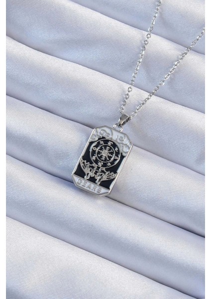 Bfs 316L Çelik Zincir Gümüş Renk Işlemeli Siyah Mineli Tarot Kolye