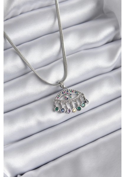 Bfs 316L Çelik Gümüş Renk Italyan Zincir Zirkon Taşlı Göz Figür Kadın Kolye