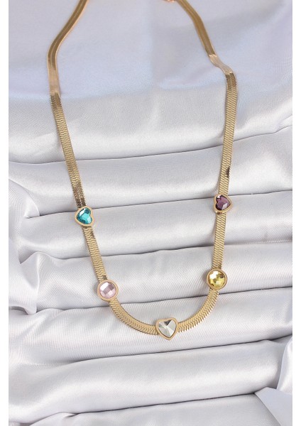 Bfs 316L Çelik Gold Renk Italyan Zincir Renkli Zirkon Taşlı Kalp Figür Kadın Kolye fiyatları