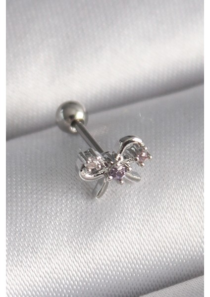 Bfs 316L Çelik Gümüş Renk Zirkon Taşlı Kurdele Tragus Piercing