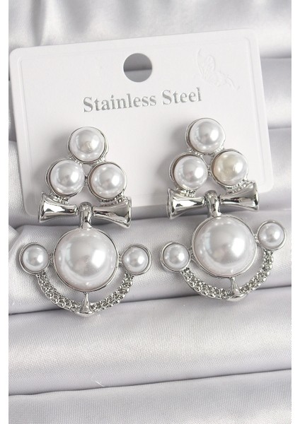 Bfs Pirinç Gümüş Renk Sallantı Incili Çapa Model Kadın Küpe