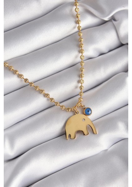 Bfs 316L Çelik Gold Renk Top Zincir Model Fil Figür Nazar Boncuk Detay Kadın Kolye