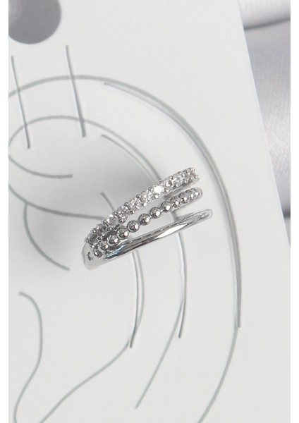 Bfs Pirinç Gümüş Renk Zirkon Taşlı 3'lü Sıralı Model Kadın Kıkırdak Küpe