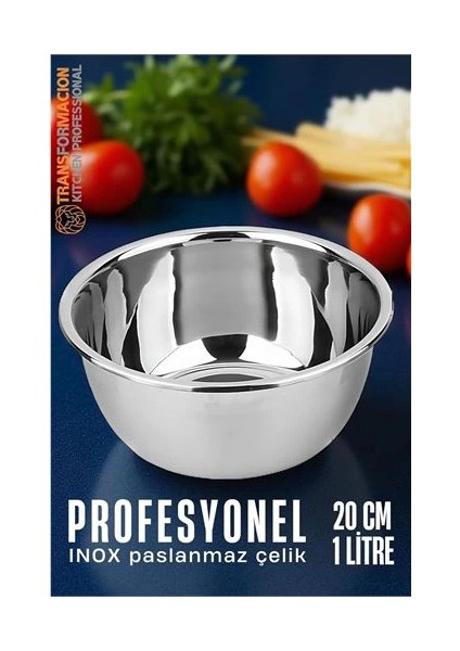 Bfs Inox Kase - 20 cm 1 Litre Karıştırma Kabı Profesyonel 304 Paslanmaz Çelik