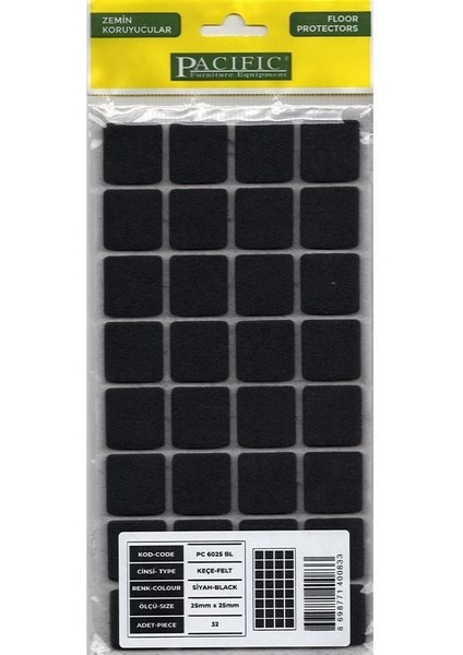 Pacific 6025 Bl Yapışkanlı Keçe 25 mm x 25 mm Siyah modelleri