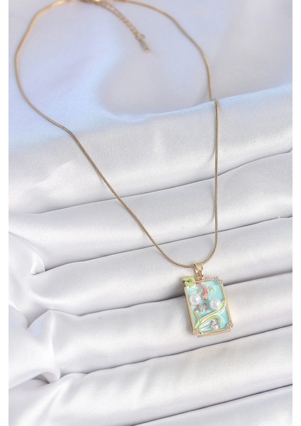 Bfs 316L Çelik Gold Renk Zincir Mavi Mineli Incili Çiçek Işlemeli Portre Model Kadın Kolye fiyatları