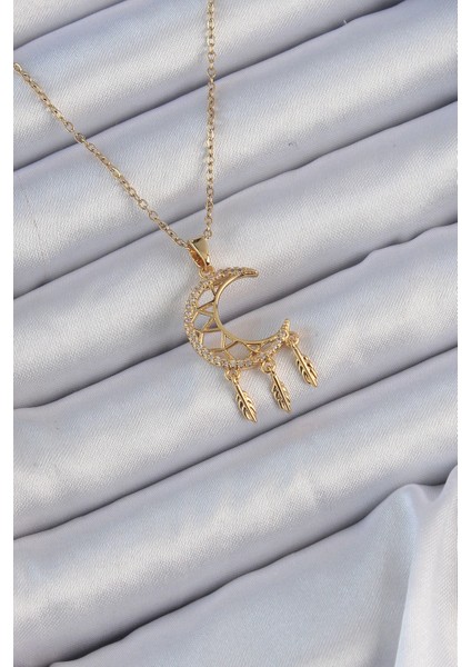 Bfs 316L Çelik Zincir Altın Renk Işlemeli Zirkon Taşlı Ay Kolye