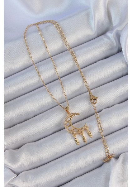 Bfs 316L Çelik Zincir Altın Renk Işlemeli Zirkon Taşlı Ay Kolye fiyatları