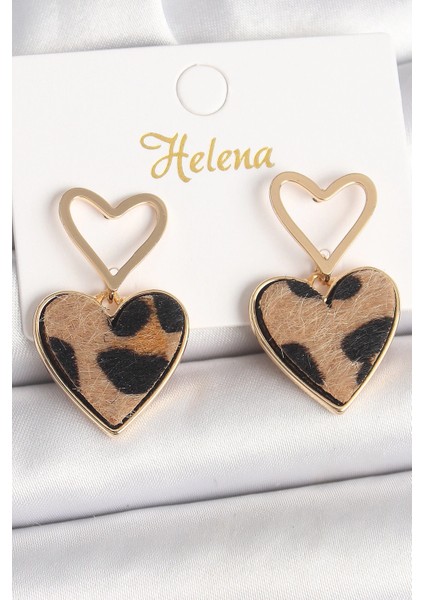 Bfs Pirinç Gold Renk Sallantı Leopar Kalp Model Kadın Küpe