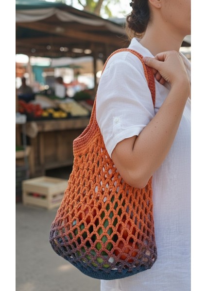 Handmade Çok Renkli Yazlık Plaj Market Filesi-Koton Ip El Örgüsü File Pazar Plaj Çantası 55X30 cm 2 fiyatları