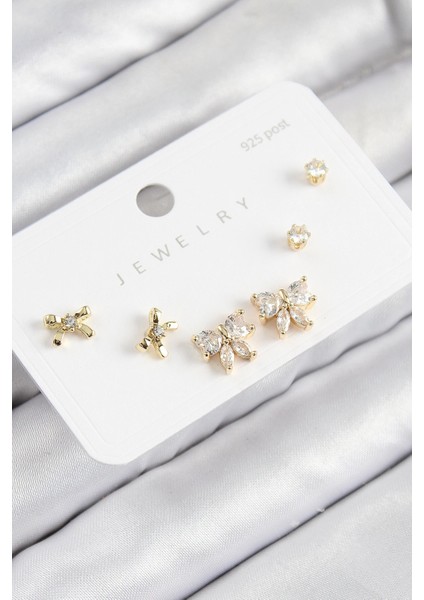 Bfs Pirinç Zirkon Taşlı Fiyonk Model Gold Renk 925 Ayar Gümüş Çivi Kadın Küpe Set