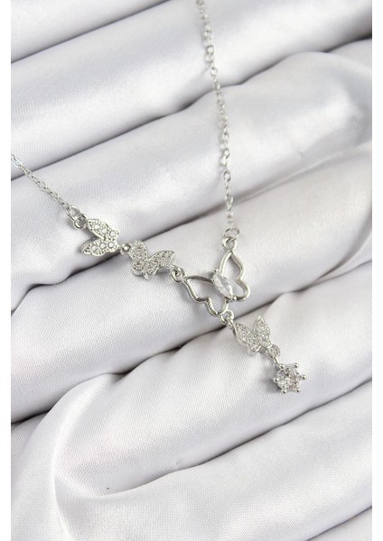 Bfs 316L Çelik Zirkon Taşlı Kelebek Model Gümüş Renk Kadın Kolye