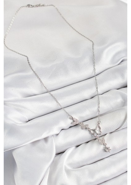 Bfs 316L Çelik Zirkon Taşlı Kelebek Model Gümüş Renk Kadın Kolye fiyatları