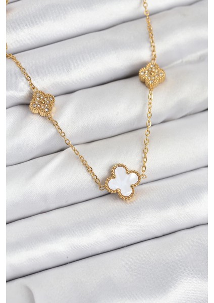 Bfs 316L Çelik Zincir Gold Renk Beyaz ve Zirkon Taşlı Yonca Kadın Kolye