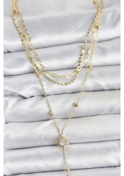 Bfs Pirinç Gold Renk Güneş Model Detaylı 3'lü Kombin Y Kadın Kolye