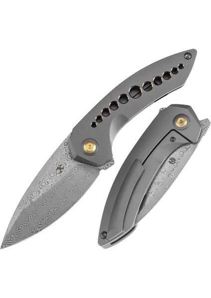 Odd 21 | Ön Flipper | Gri Eloksal Titanyum Bronz Delikli Sap | Damascus Çelik Çakı | K1077A2
