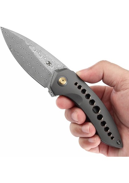 Odd 21 | Ön Flipper | Gri Eloksal Titanyum Bronz Delikli Sap | Damascus Çelik Çakı | K1077A2 fırsatları