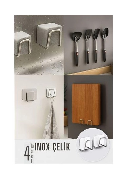 Bfs Inox Çelik Çok Amaçlı Askı - Banyo Askısı - Mutfak Askısı Profesyonel 4 Lü Set