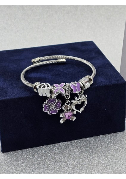 Charm Ayıcıklı Kalpli Mor Renkli Çelik Bileklik