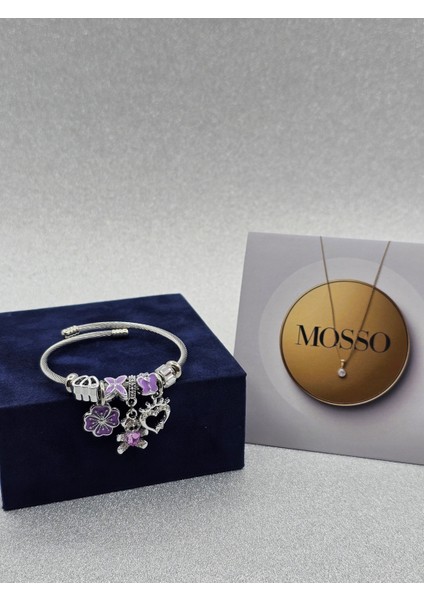 Charm Ayıcıklı Kalpli Mor Renkli Çelik Bileklik fiyatları