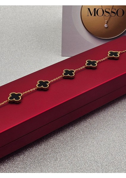 Yonca Model Siyah Çelik Bileklik Gold Renk