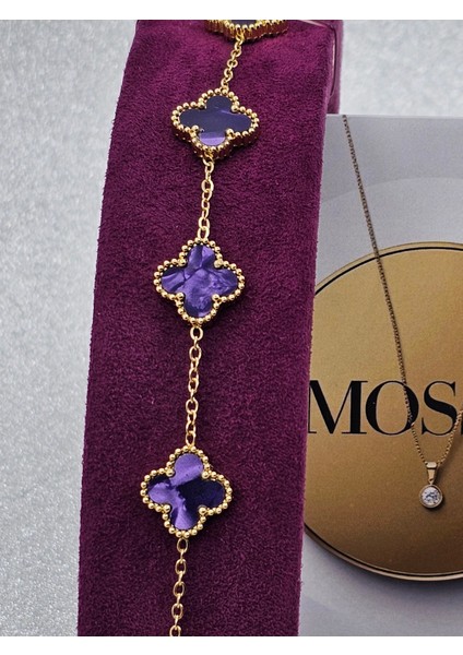 Yonca Model Sedefli Mor Çelik Bileklik Gold Renk