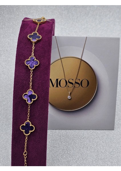 Yonca Model Sedefli Mor Çelik Bileklik Gold Renk modelleri