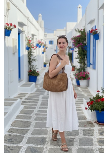 Handmade Taba Rengi Kağıt Ip Yazlık Büyük Boy Tote Çanta 40X28 cm -Omuz Çantası