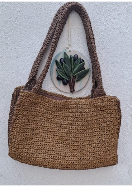 Handmade Taba Rengi Kağıt Ip Yazlık Büyük Boy Tote Çanta 40X28 cm -Omuz Çantası modelleri