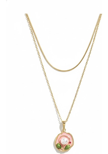 Çelik Gül Kolye Pembe Çiçekli Kararmaz Takı