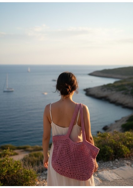 Pembe El Örgüsü Rafya Ip File Plaj Çantası 48X30-HANDMADE Yazlık Plaj File Market Çantası Büyük Boy