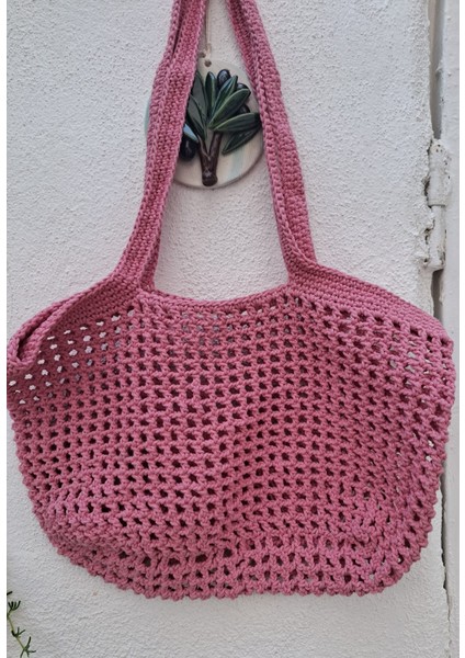 Pembe El Örgüsü Rafya Ip File Plaj Çantası 48X30-HANDMADE Yazlık Plaj File Market Çantası Büyük Boy fiyatları