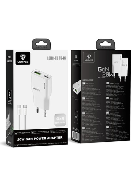 LCH11 Serisi Type-C To Type-C Gan Teknolojili Pd Şarj Özellikli Kablolu Şarj Seti 20W Beyaz