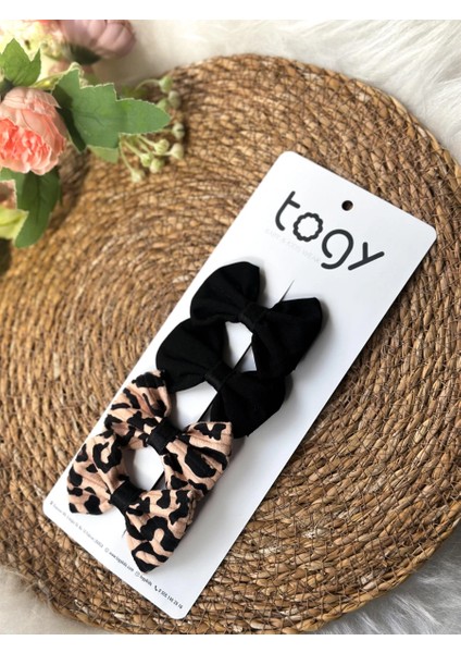 Siyah Fiyonk ve Leopar Desenli Kız Çocuk Bebek Toka Seti