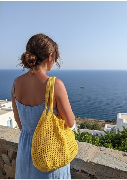 Neon Sarı El Örgüsü Rafya Ip File Plaj Çantası 48X30-HANDMADE Yazlık Plaj File Market Çantası Büyük Boy