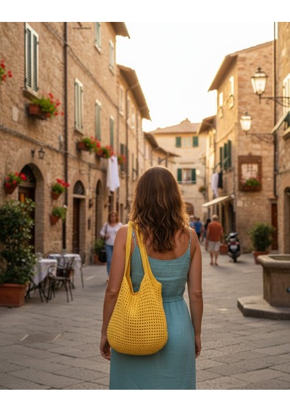 Neon Sarı El Örgüsü Rafya Ip File Plaj Çantası 48X30-HANDMADE Yazlık Plaj File Market Çantası Büyük Boy fiyatları
