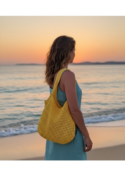 Neon Sarı El Örgüsü Rafya Ip File Plaj Çantası 48X30-HANDMADE Yazlık Plaj File Market Çantası Büyük Boy modelleri