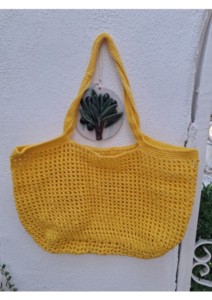 Neon Sarı El Örgüsü Rafya Ip File Plaj Çantası 48X30-HANDMADE Yazlık Plaj File Market Çantası Büyük Boy fırsatları
