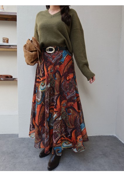 Kemerli Etnik Desen Şifon Etek